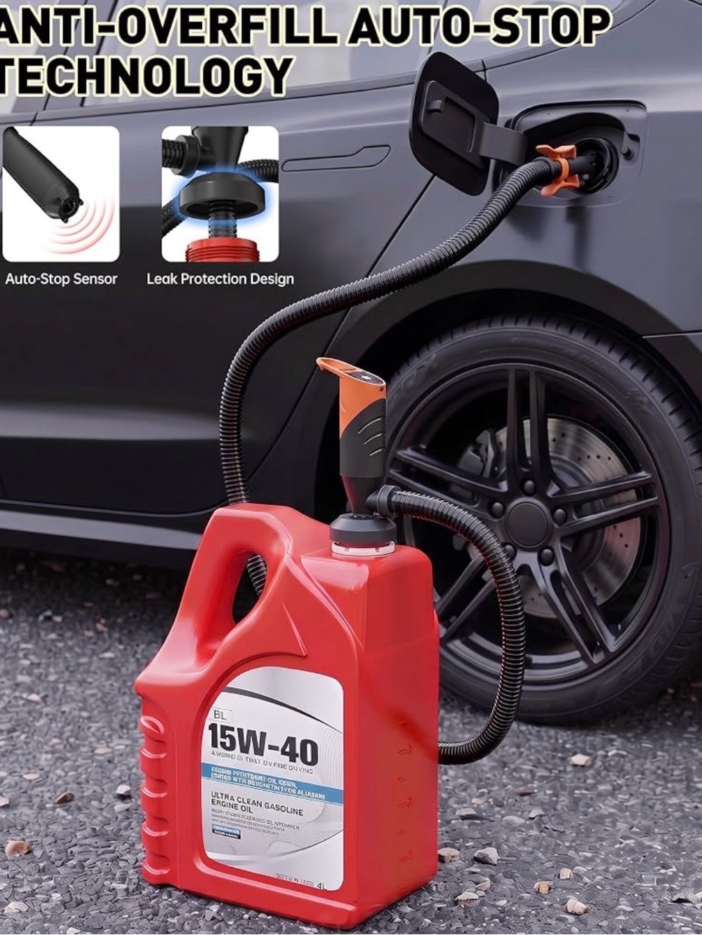 Red Portable Fuel Transfer Pump with Auto-Stop - 15W-40 Compatible